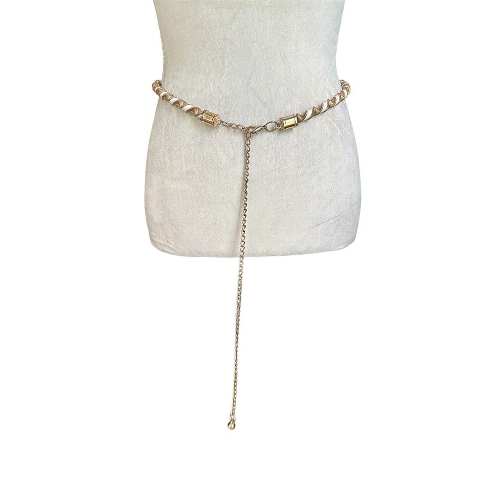 Gold & White Spiral Waist Chain Belt  With Dangling Charm & Adjustable Clasp W27